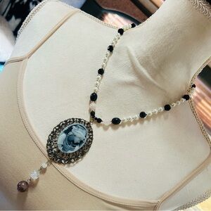 Handcrafted opalescent charcoal Victorian lady cameo vintage bead necklace